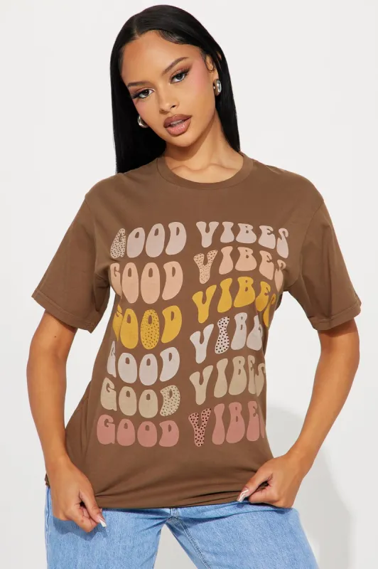 Nothin But Good Vibes Washed Tee - Brown Combo sold by Fashion Nova