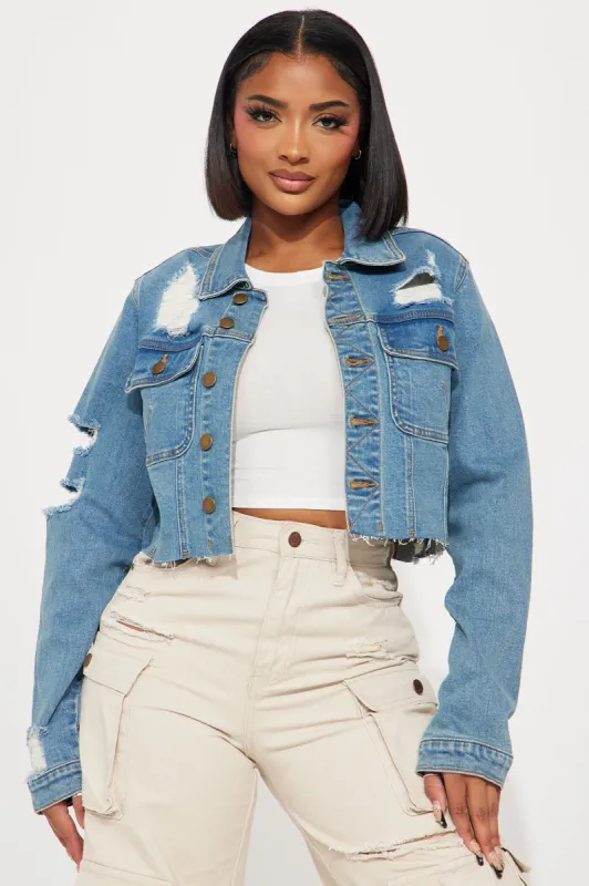 Set On You Ripped Denim Jacket - Medium Wash sold by Fashion Nova