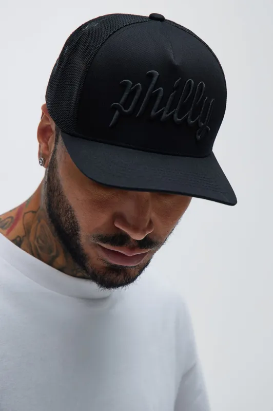 Philadelphia Twill Trucker Hat - Black/Black sold by Fashion Nova