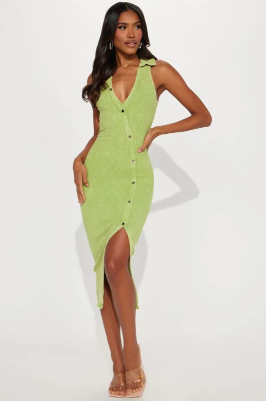 Button Me Up Ribbed Midi Dress - Lime sold by Fashion Nova