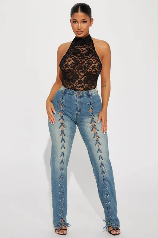 New Perspectives Lace Up Straight Leg Jeans - Vintage Wash sold by Fashion Nova