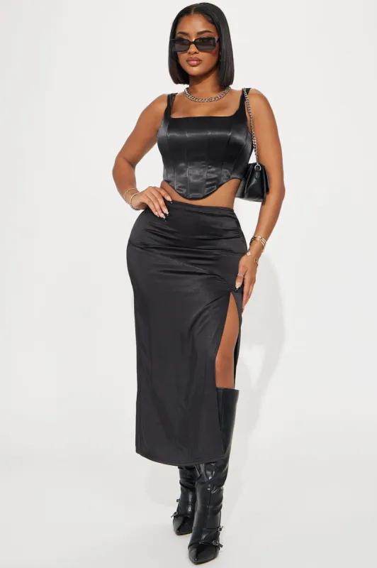Lost In A Dream Satin Midi Skirt - Black sold by Fashion Nova