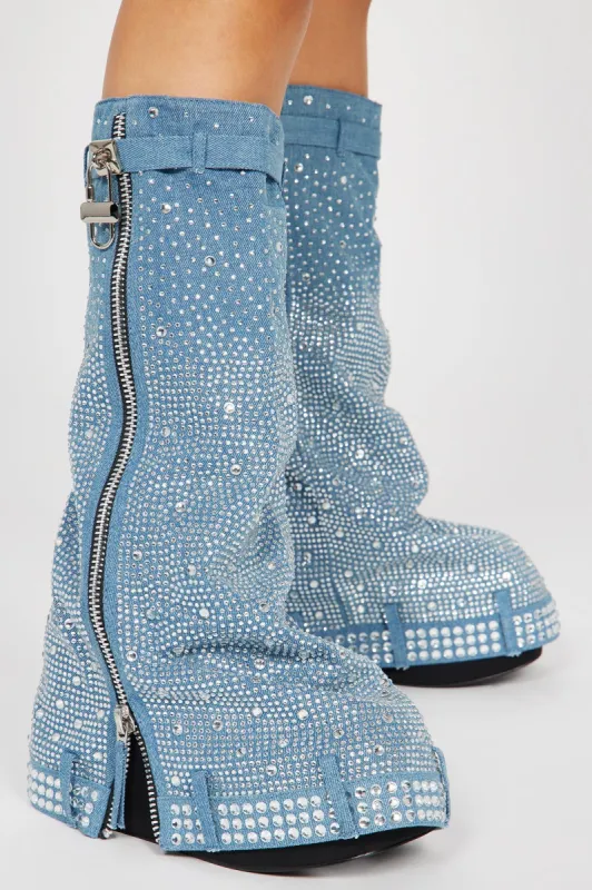 Surprise Me Knee High Flat Boots - Denim sold by Fashion Nova