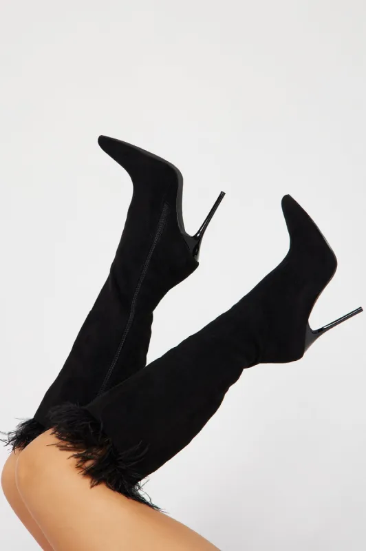 She's The Life Of The Party Knee High Heeled Boots - Black sold by Fashion Nova