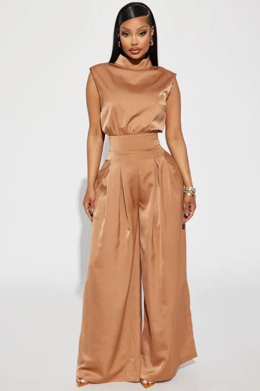 Name Of The Game Satin Jumpsuit - Camel sold by Fashion Nova