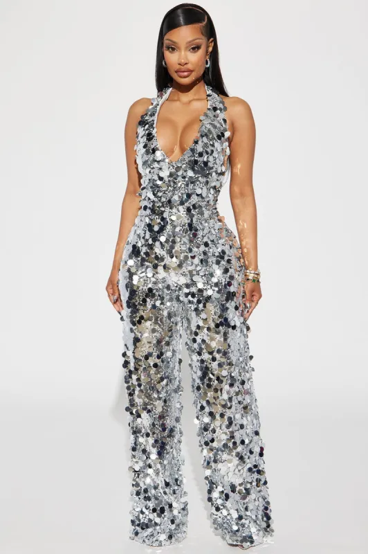 On Stage Sequin Jumpsuit - Silver sold by Fashion Nova