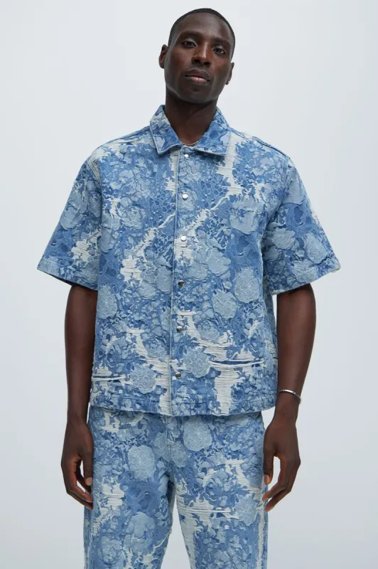 Inspired Jacquard Denim Shirt  - Light Wash sold by Fashion Nova