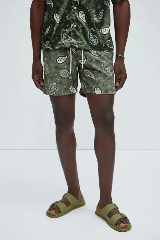 Claret Paisley Swim Trunks - Green/combo sold by Fashion Nova