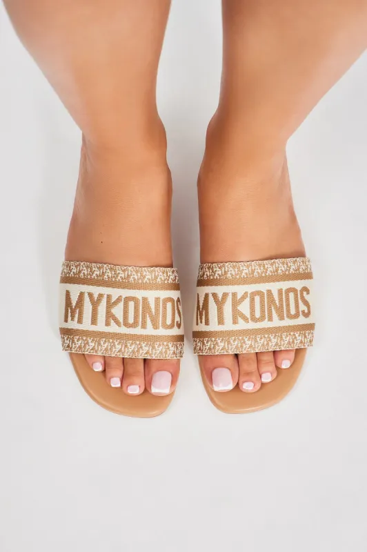 Meet Me In Mykonos Flat Sandals - Ivory/combo sold by Fashion Nova