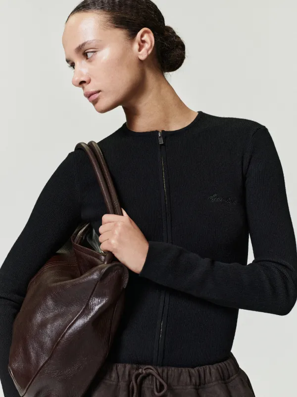 Womens Signature Rib Knit Fitted Long Sleeve Zip Up Tee made by Essentials