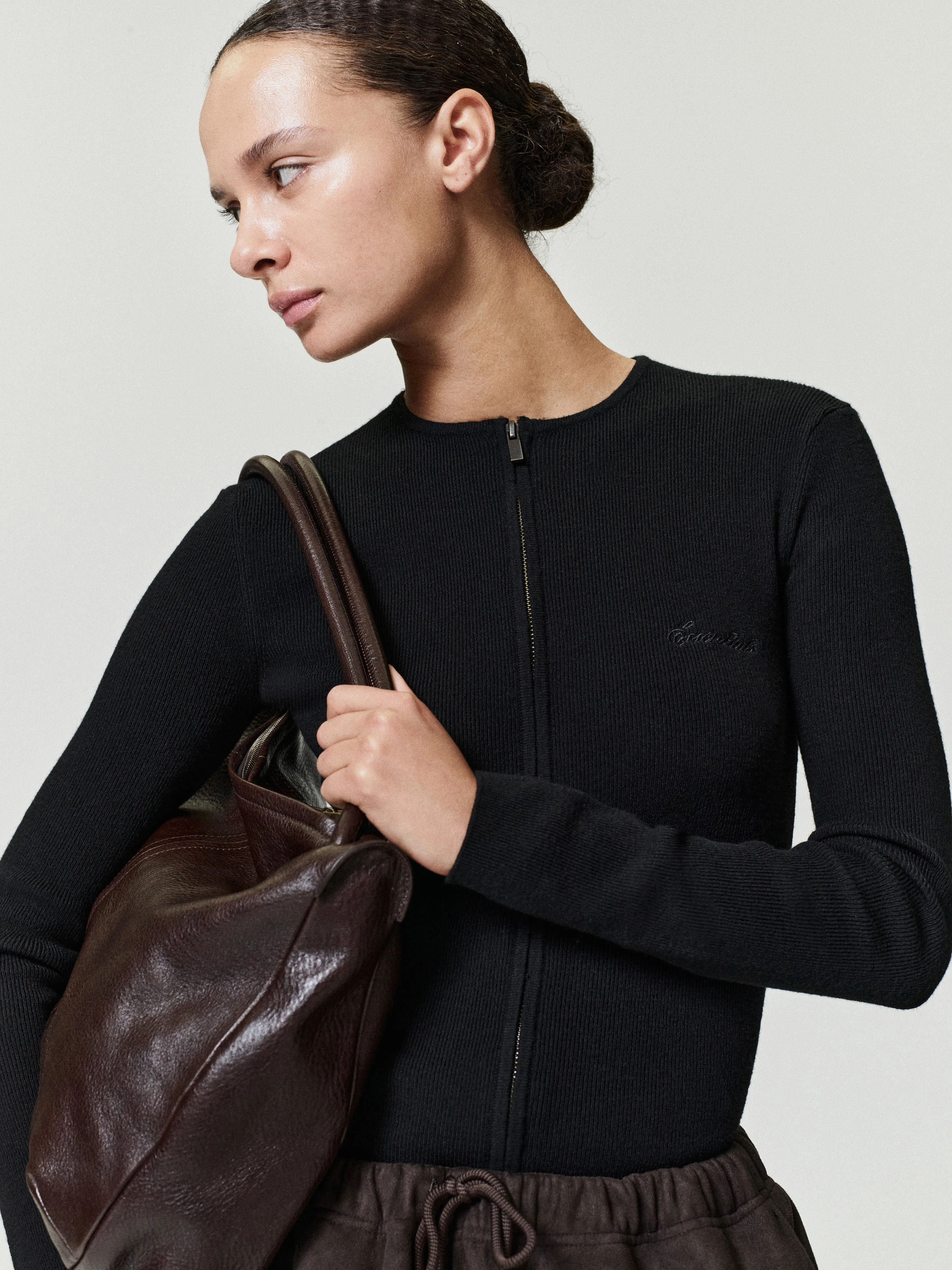 Womens Signature Rib Knit Fitted Long Sleeve Zip Up Tee sold by Fear of God