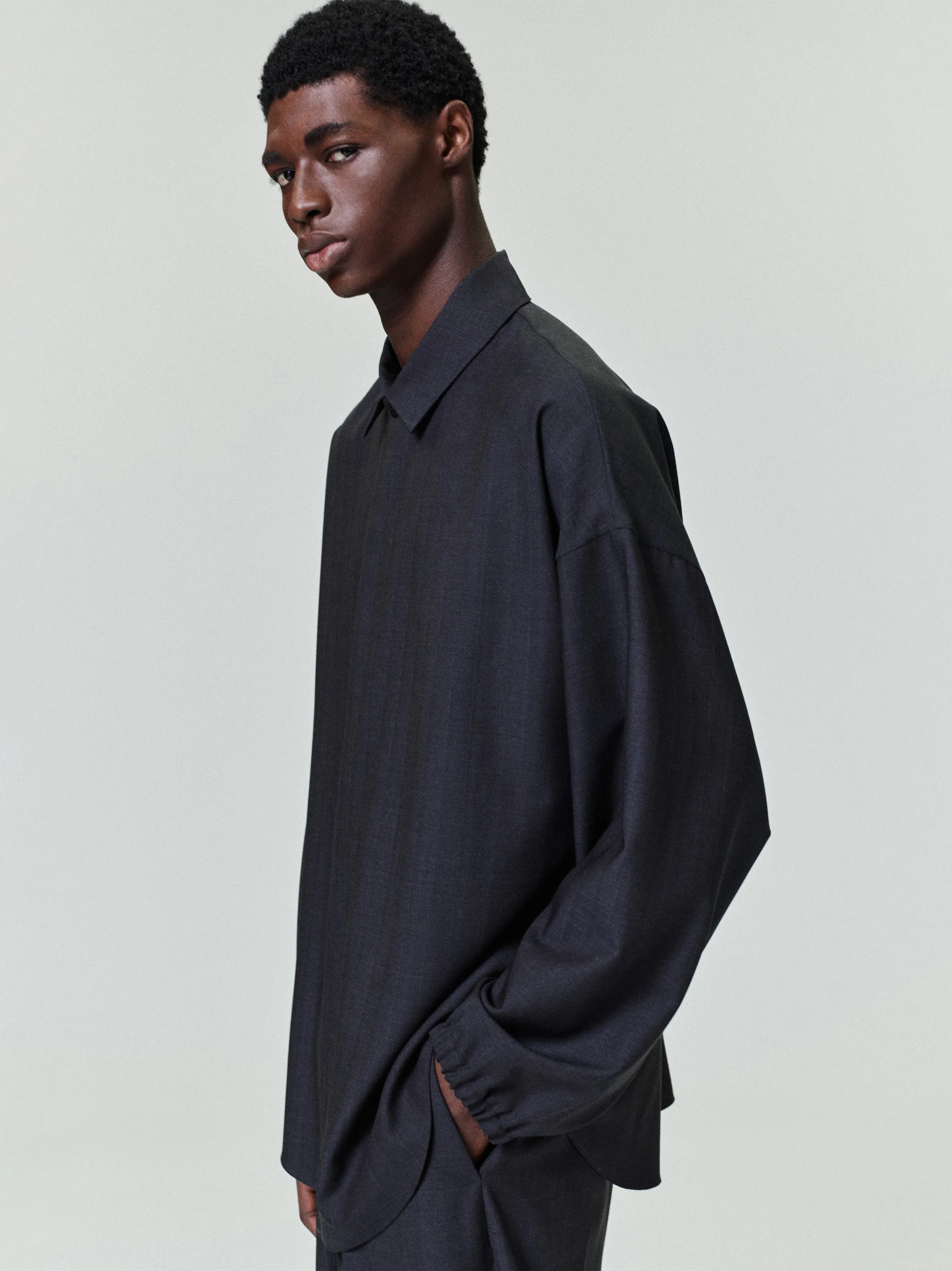 Grey Striped Wool Elastic Cuff Shirt sold by Fear of God