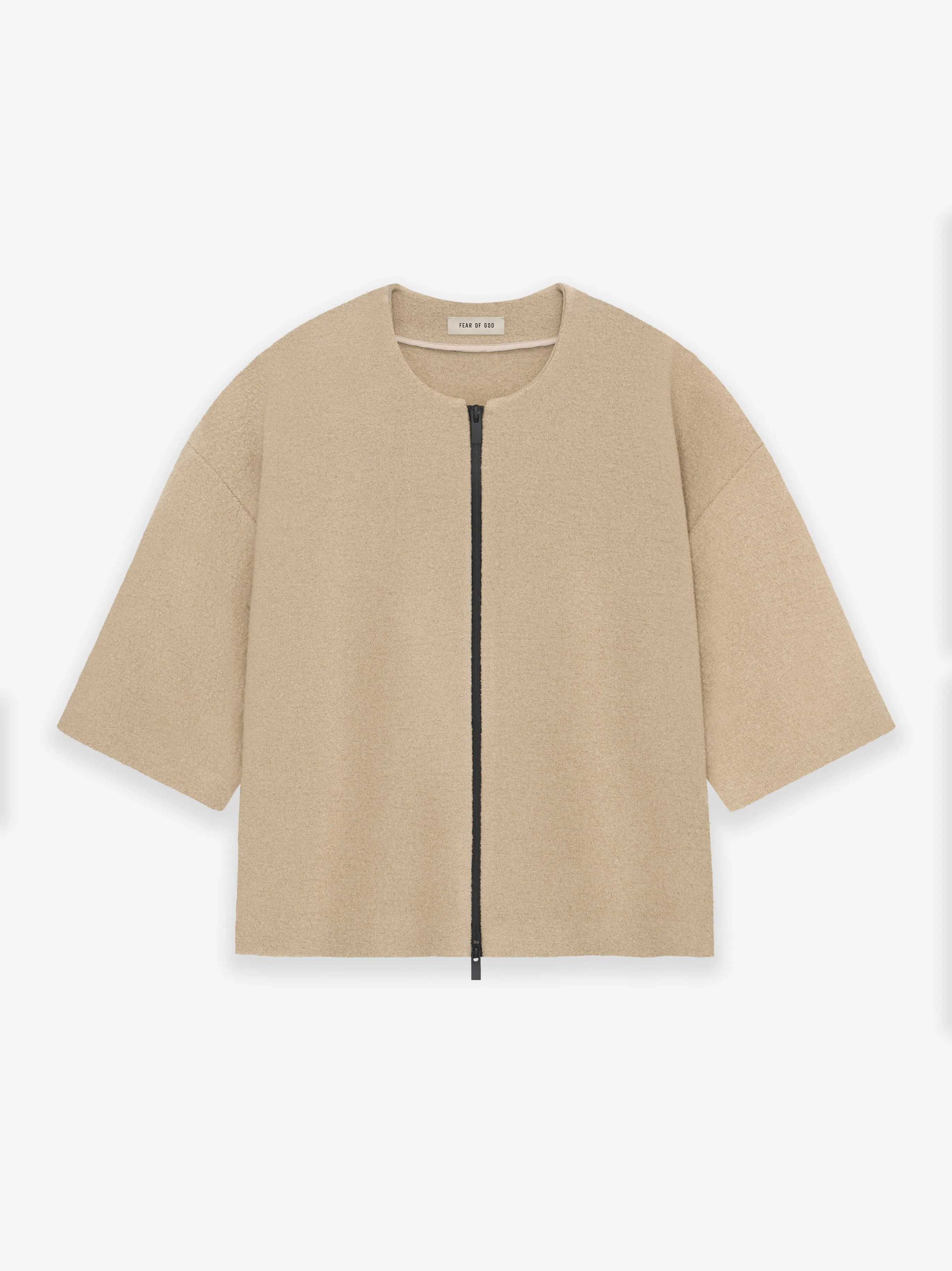 Boiled Wool 3/4 Sleeve Collarless Zip-Up sold by Fear of God