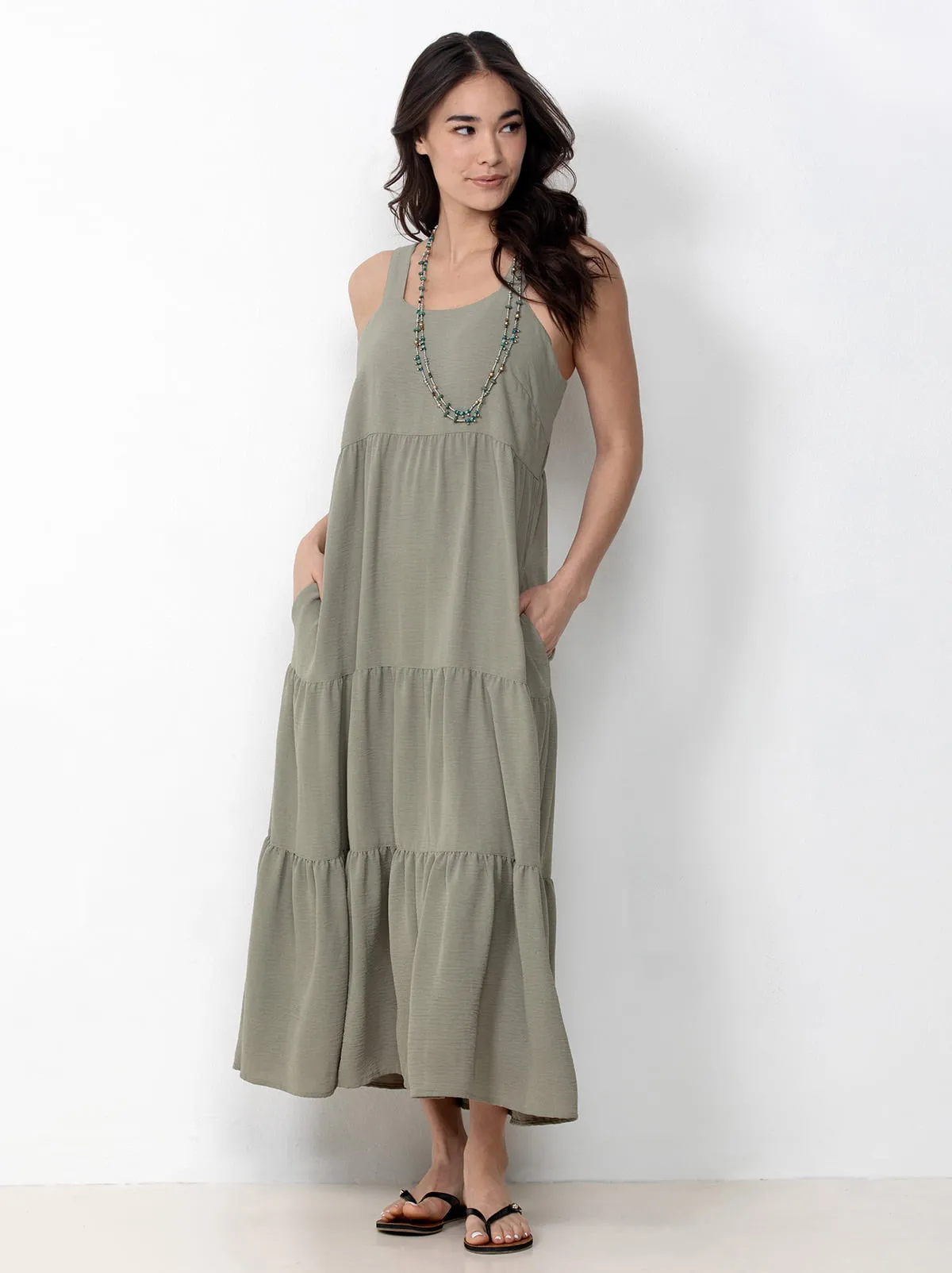 Single Stitch Tiered Maxi Dress sold by Felina