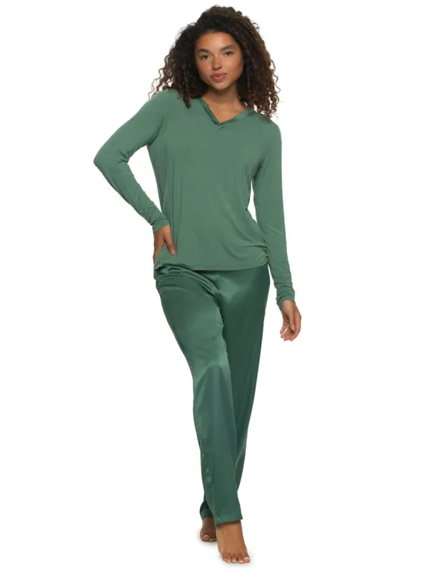 Elysees Long Sleeve Knot Top with Satin Tapered Pant Set sold by Felina