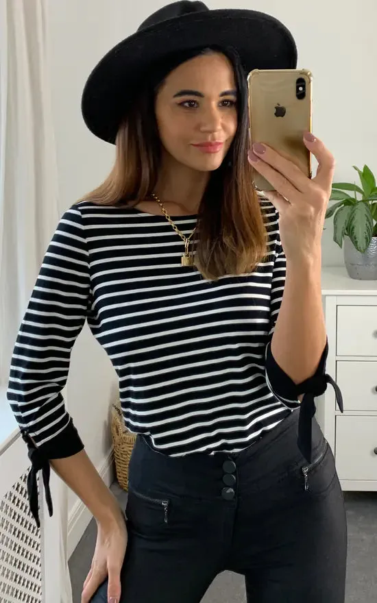 Brenda Tie Sleeve Striped Long Sleeve Top Colour Black And White sold by Fever London product image thumbnail 3