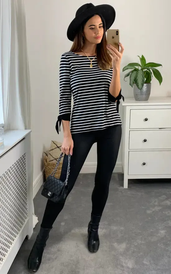 Brenda Tie Sleeve Striped Long Sleeve Top Colour Black And White sold by Fever London