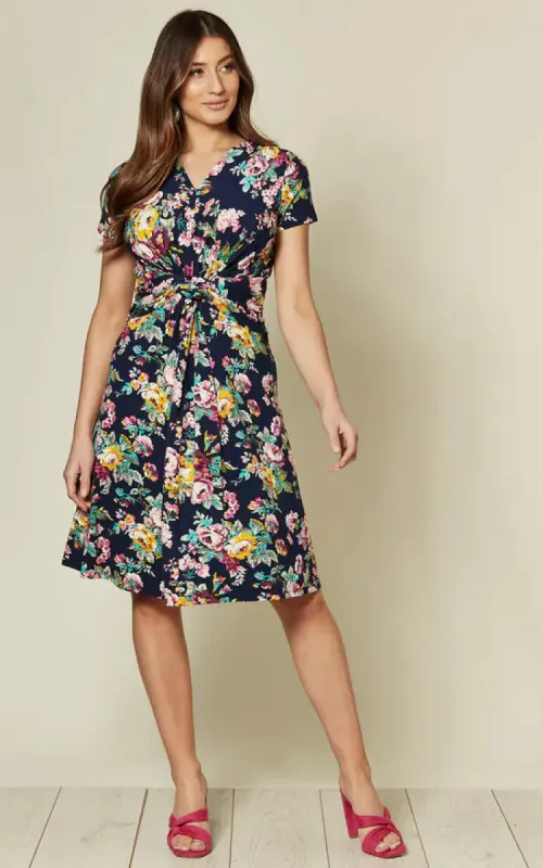 Short Sleeve Jersey Dress In Navy Floral Print sold by Fever London