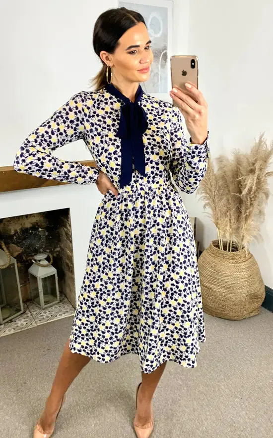 Stella Printed Button Down Dress With Neck Tie (Yellow & Black) sold by Fever London product image thumbnail 4