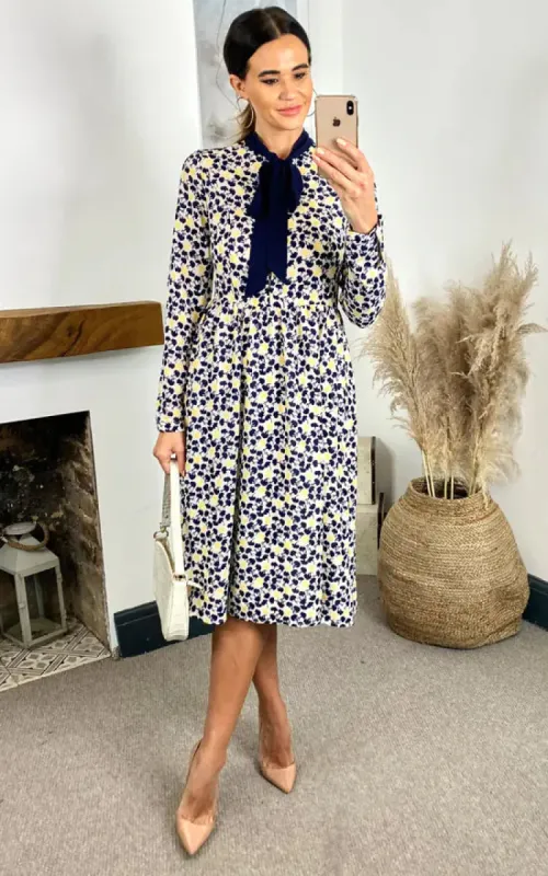 Stella Printed Button Down Dress With Neck Tie (Yellow & Black) sold by Fever London