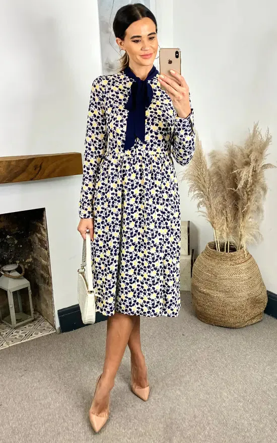 Stella Printed Button Down Dress With Neck Tie (Yellow & Black) sold by Fever London