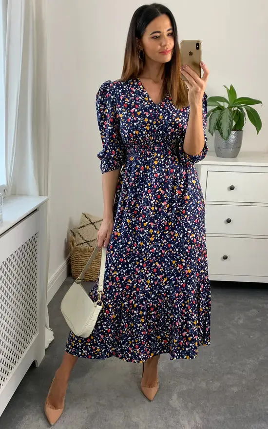 Heart Shirred Waist Midi Dress Colour Multi sold by Fever London