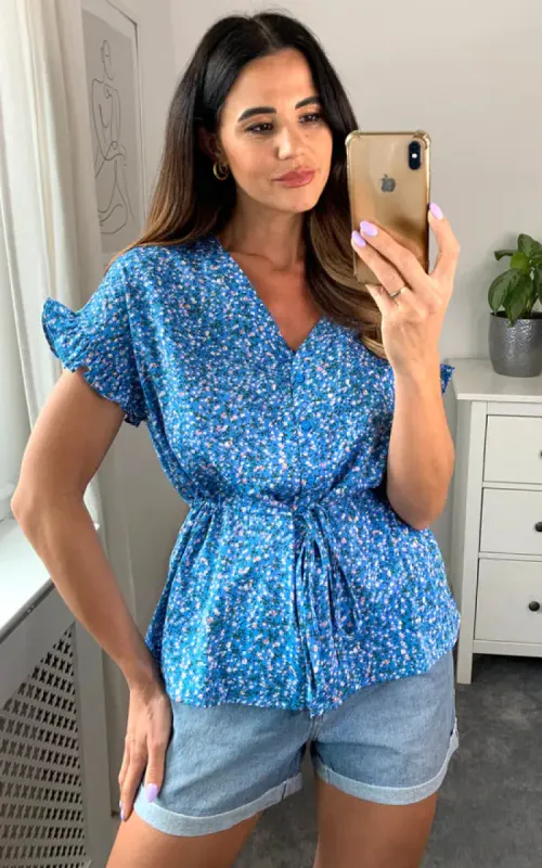 Ditsy Blue Waist Tie Top made by Fever London