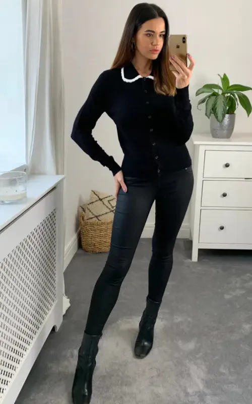 Muriel Collar Detail Cardigan Colour Black And Cream made by Fever London