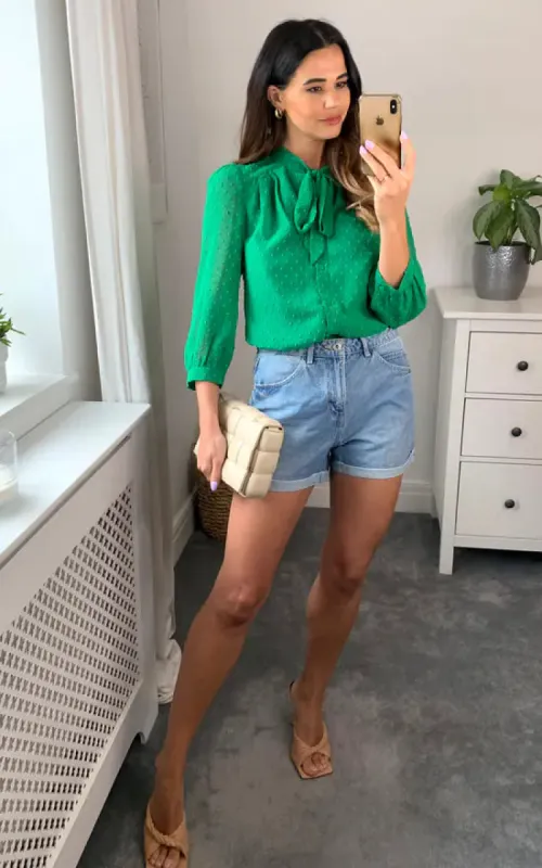 Pussybow Blouse Dobby Green sold by Fever London