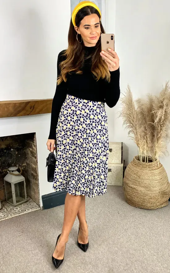 Stella Printed Pleated Skirt (Yellow & Black) sold by Fever London