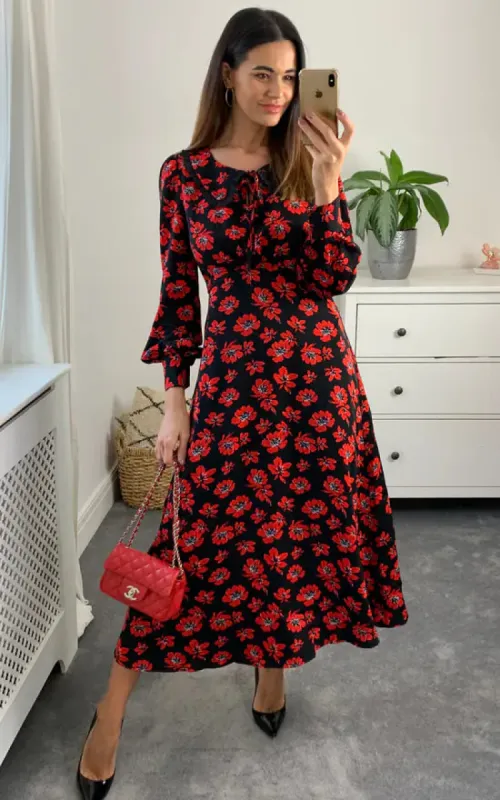 Millie Empire Midi Dress Colour Black And Red sold by Fever London