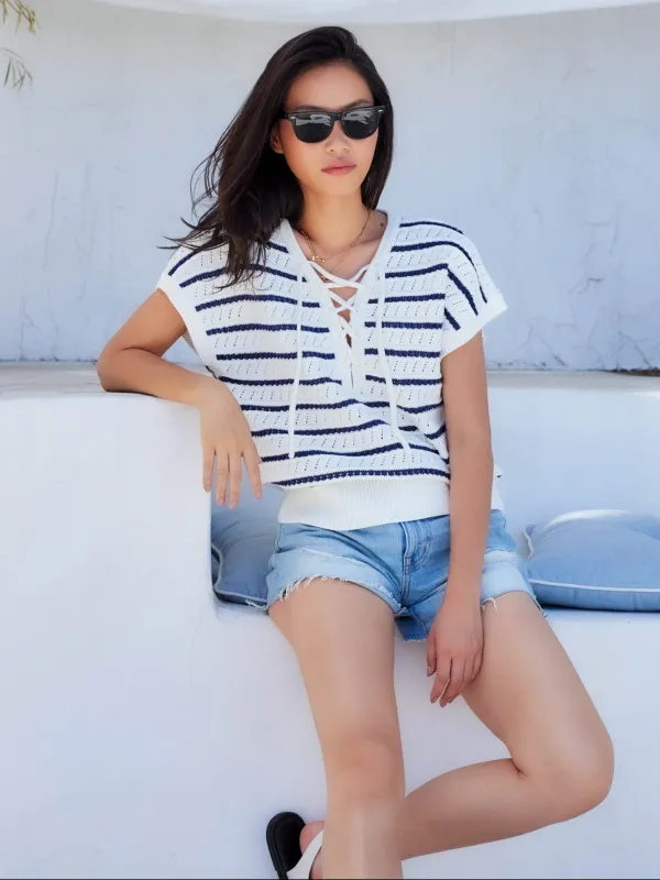 Beth Crochet Stripe Cap Sleeve Lace-Up Sweater made by Fifteen Twenty