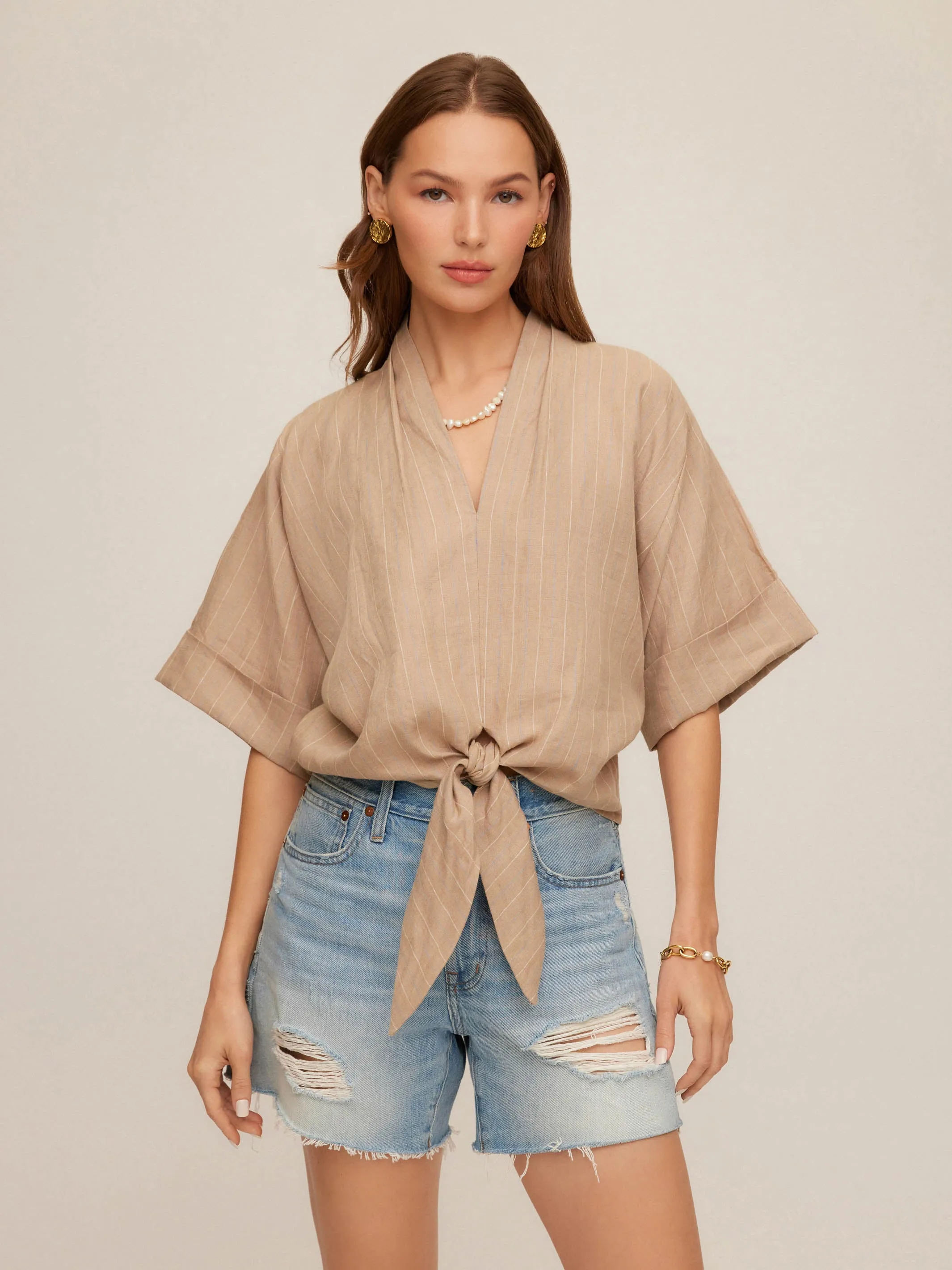 Janice Cuffed Sleeve Tie-Front Top sold by Fifteen Twenty