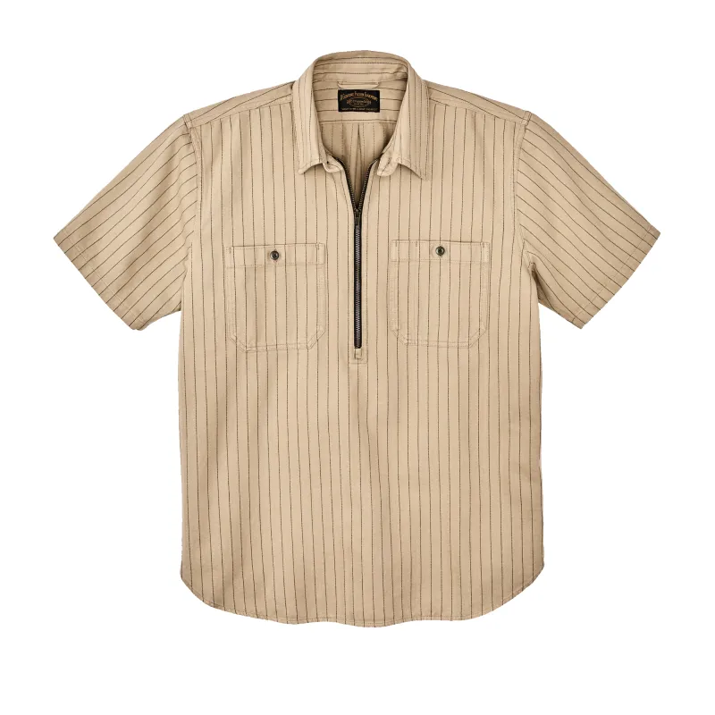 Short Sleeve Mechanic Shirt - Tan Herringbone/ Green Stripe sold by Filson