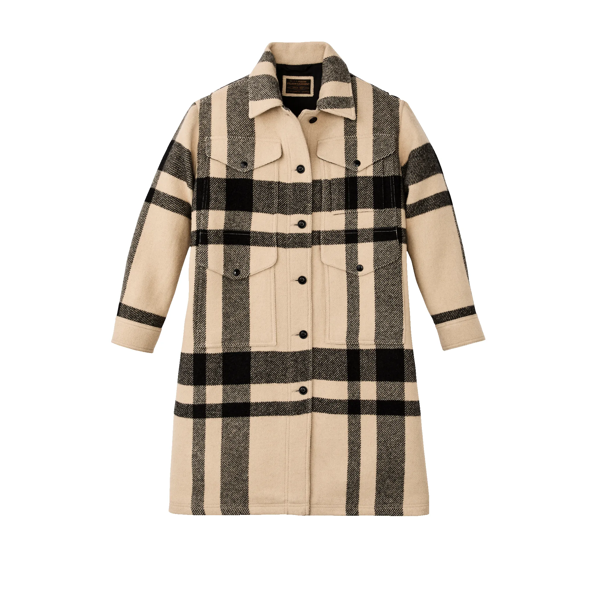 Women's Wool Long Cruiser Coat - Natural / Black Plaid sold by Filson