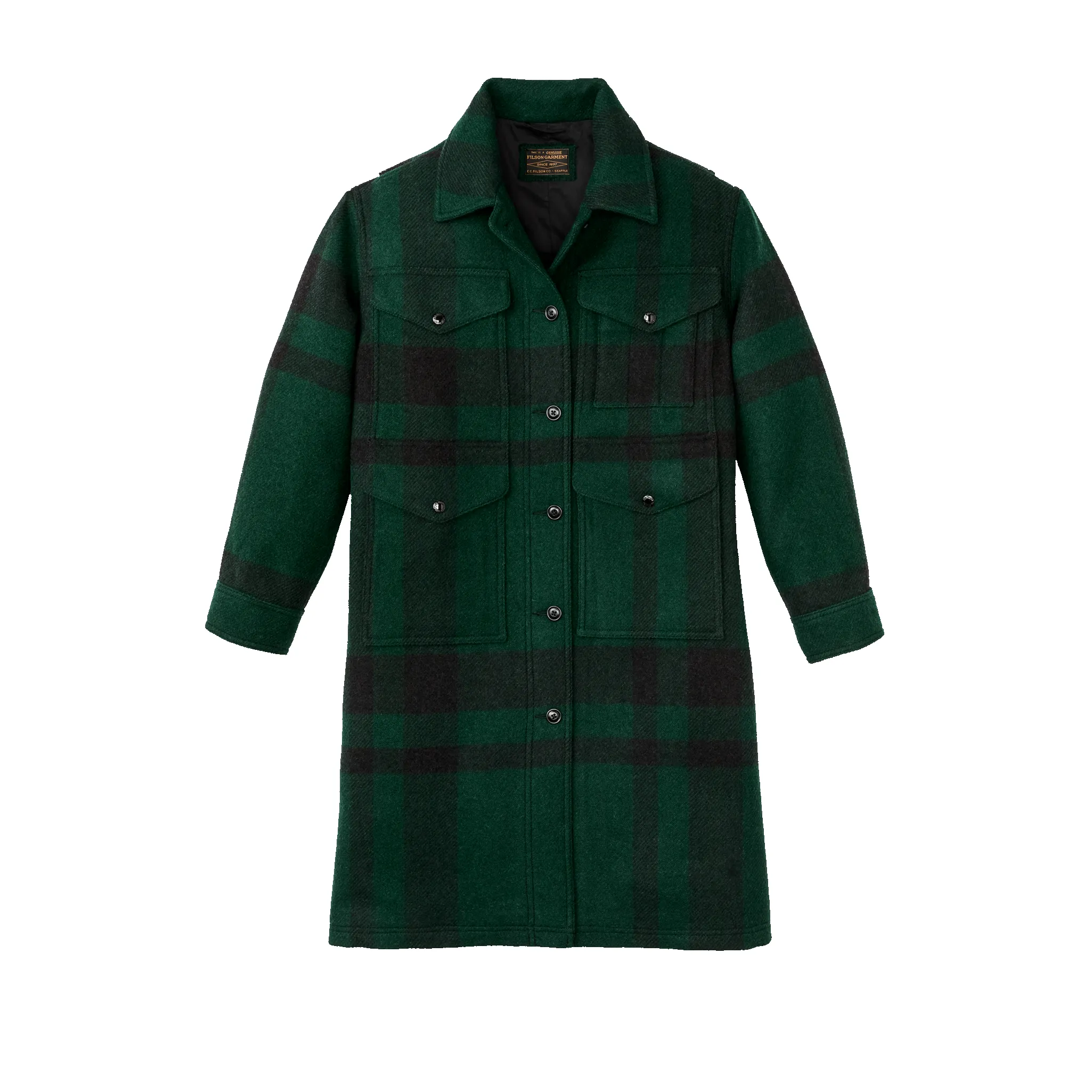 Women's Wool Long Cruiser Coat - Otter Green / Black Plaid sold by Filson
