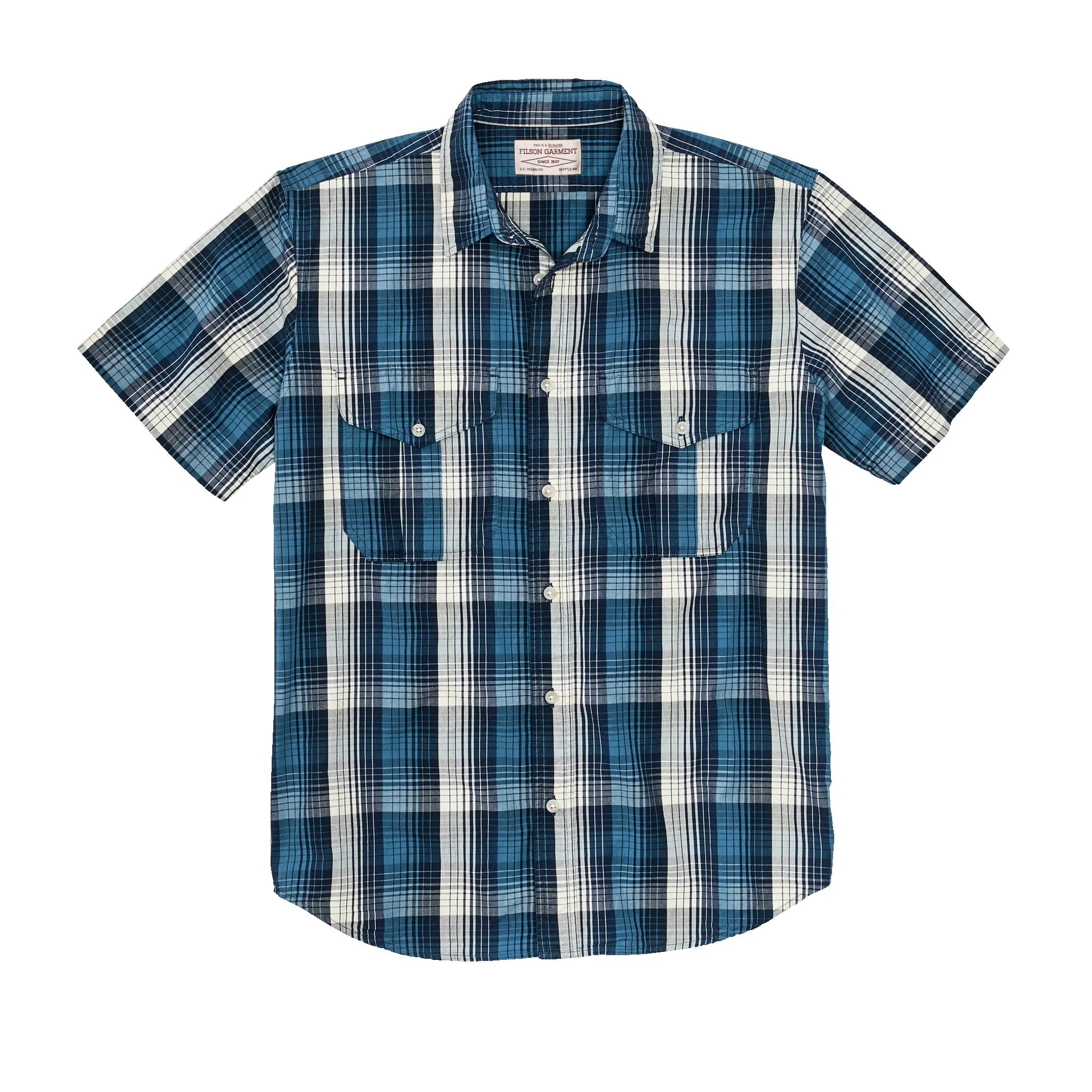 Filson's Washed Short Sleeve Feather Cloth Shirt - Service Blue / White Plaid sold by Filson