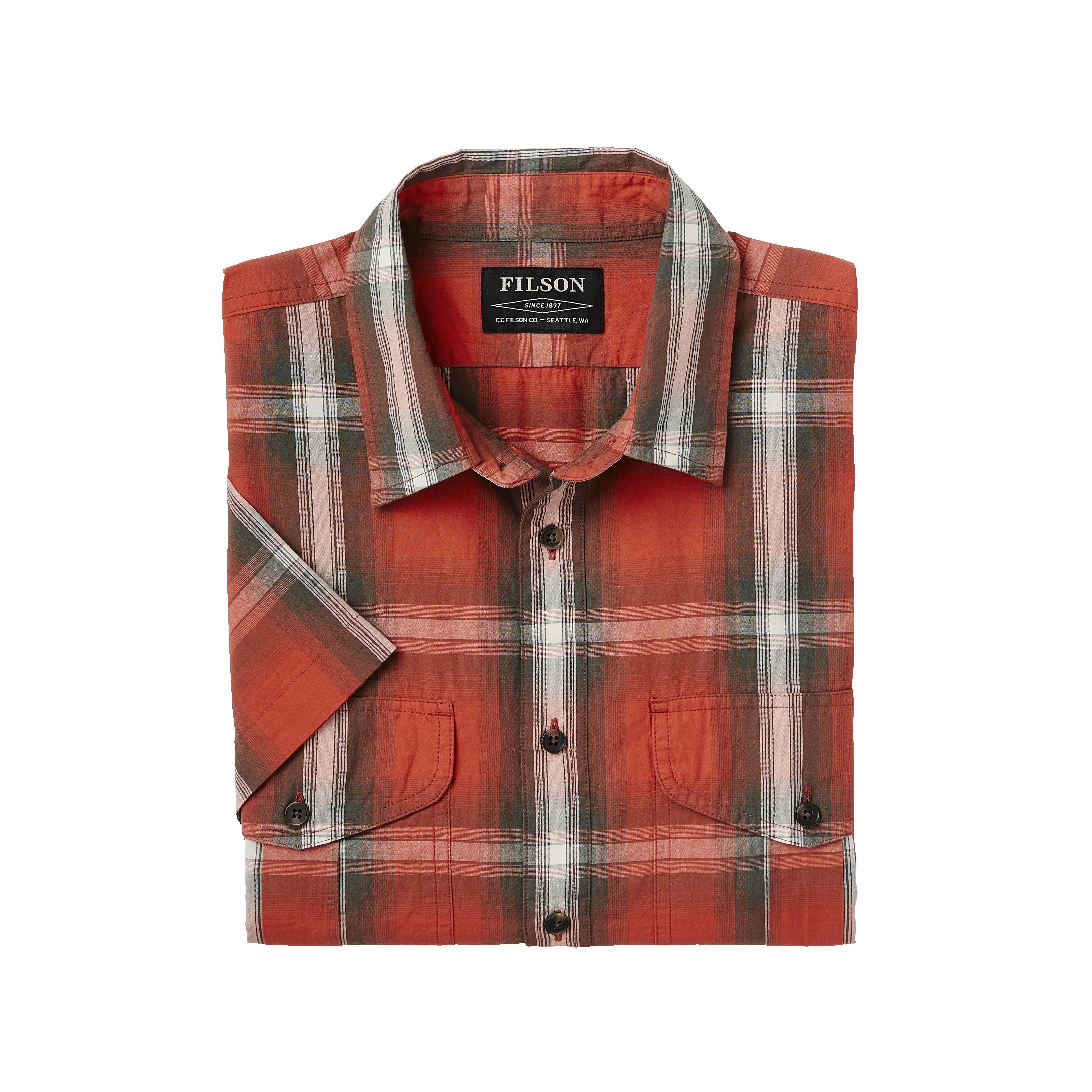 Filson's Washed Short Sleeve Feather Cloth Shirt - Red / Brown / Cream Plaid sold by Filson