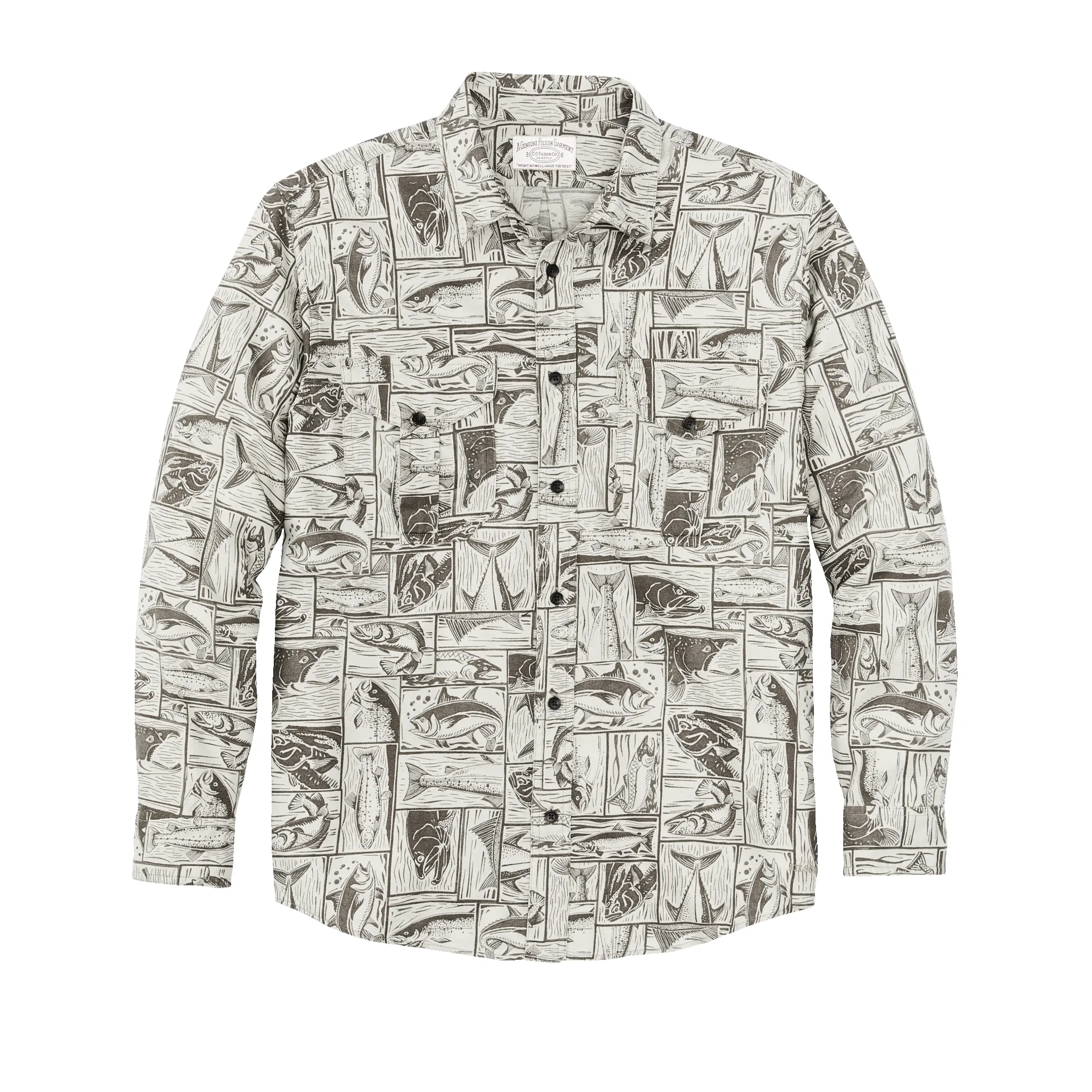 Lightweight Alaskan Guide Shirt - Stone Brown Cutwork Fish Print sold by Filson