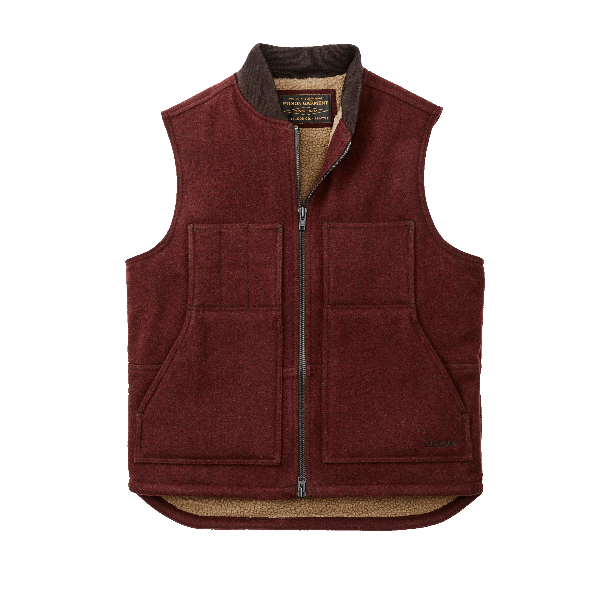 Lined Mackinaw Wool Work Vest - Dark Red / Black Houndstooth sold by Filson