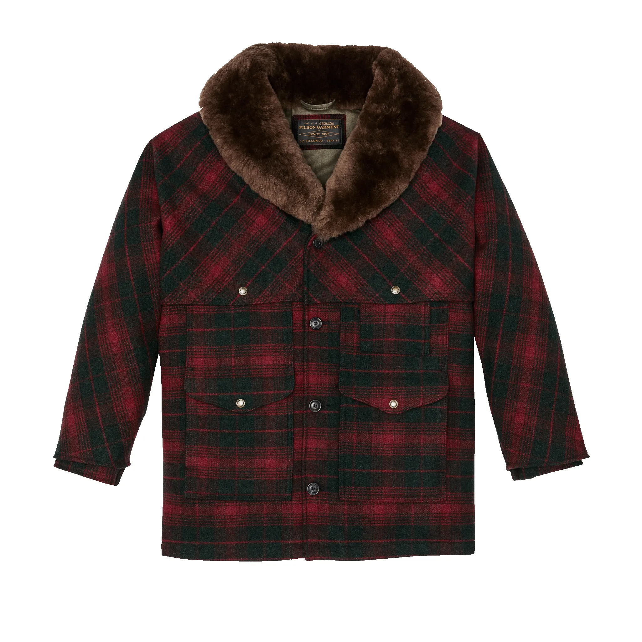 Lined Mackinaw Wool Packer Coat - Burgundy / Dark Olive Plaid sold by Filson