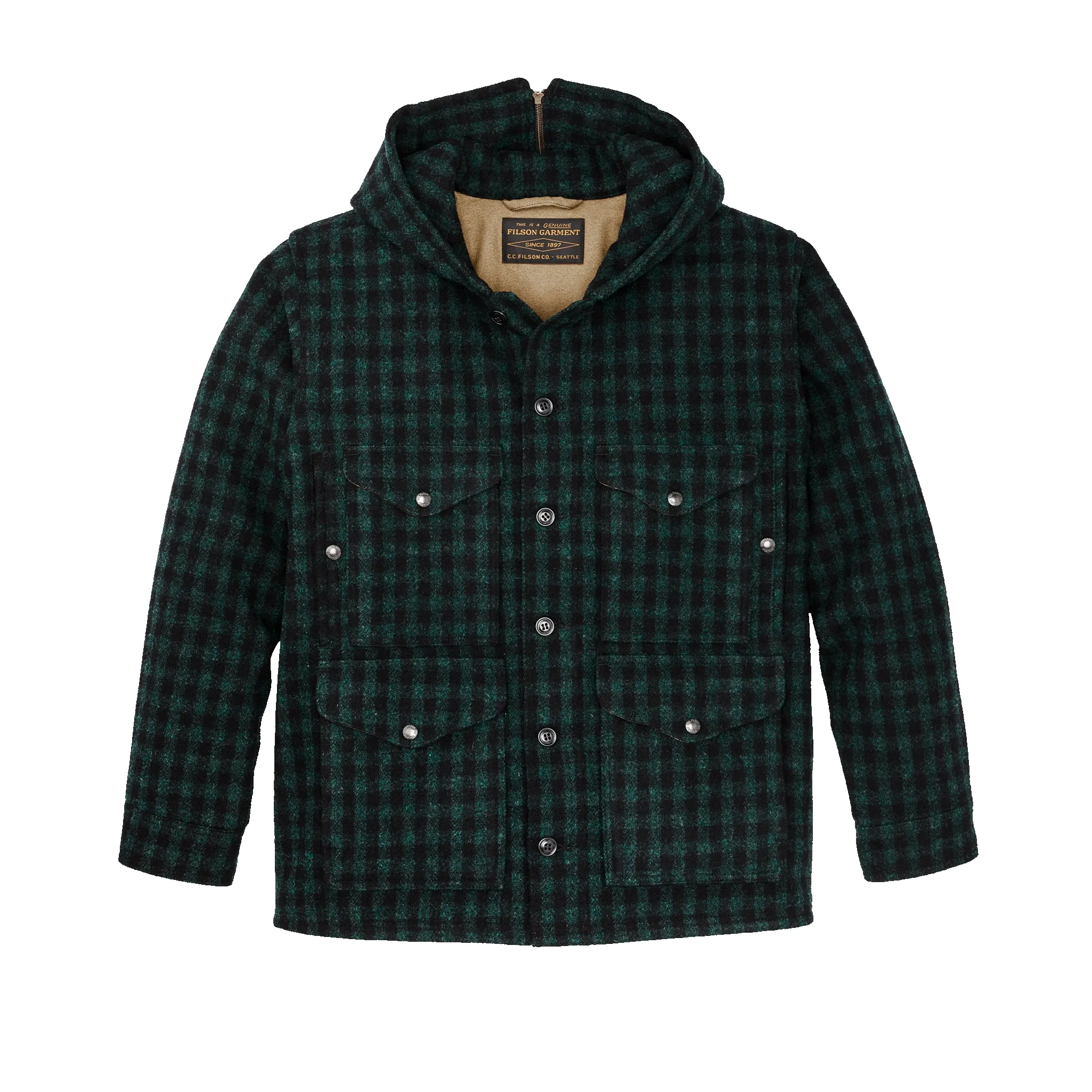 Mackinaw Wool Hooded Cruiser Jacket - Dark Timber / Black Check sold by Filson