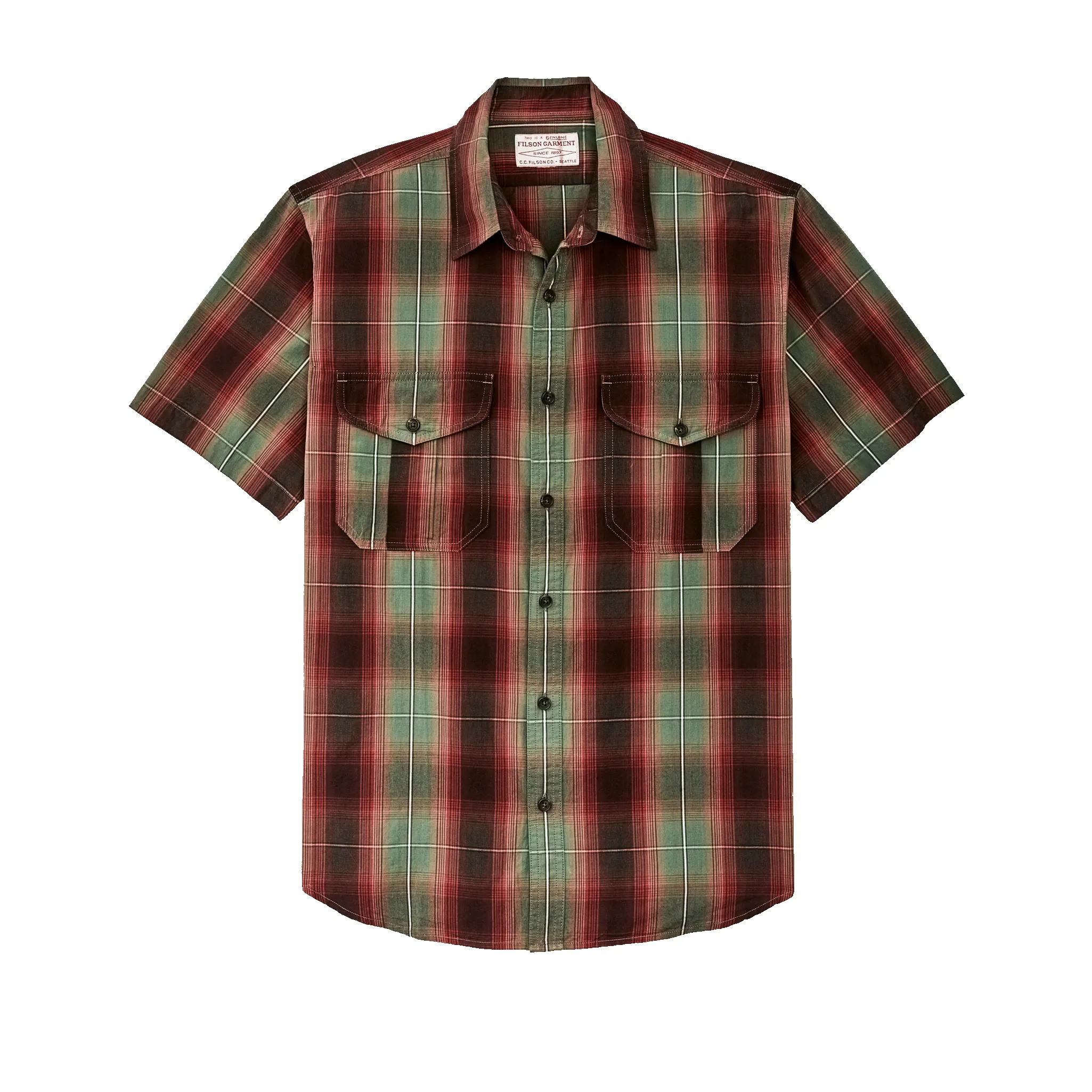 Filson's Washed Short Sleeve Feather Cloth Shirt - Green / Red / Black Ombre sold by Filson