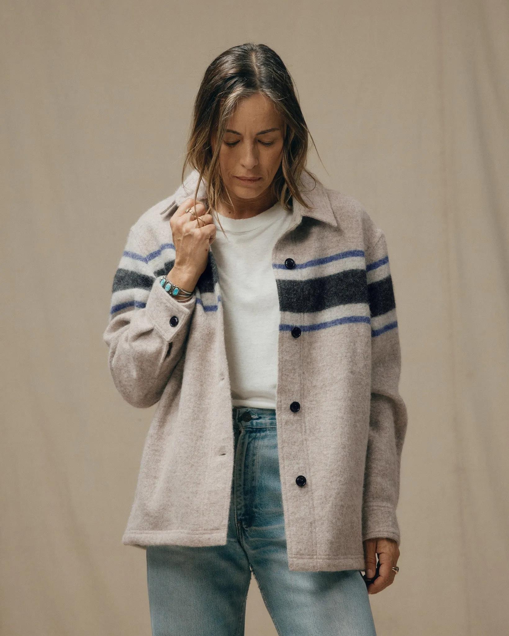 Women's Wool Overshirt - Gray / Black Blanket Stripe sold by Filson