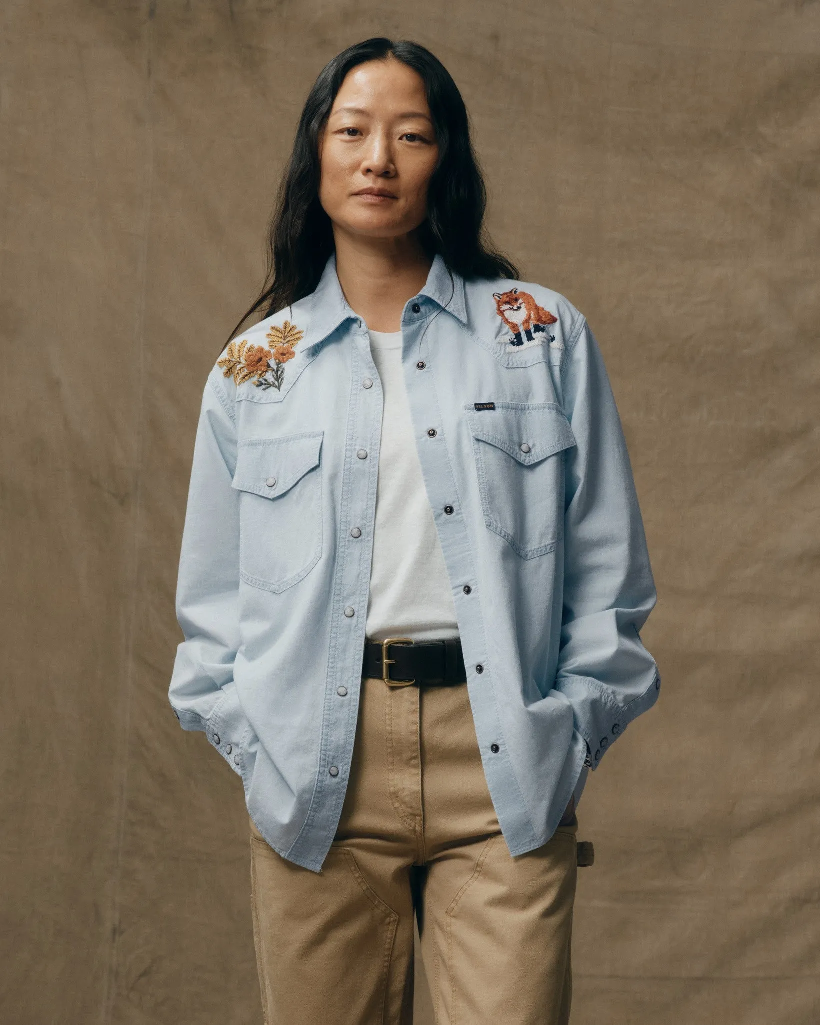 Women's Embroidered Western Shirt - Light Indigo Chambray / Fields sold by Filson