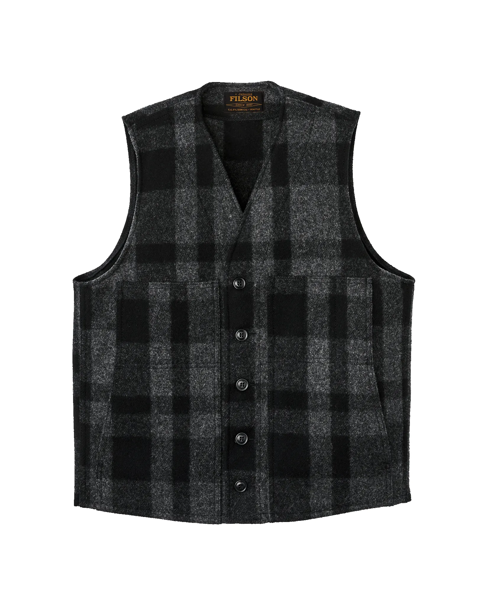 Mackinaw Wool Vest - Charcoal / Black Heritage Plaid sold by Filson