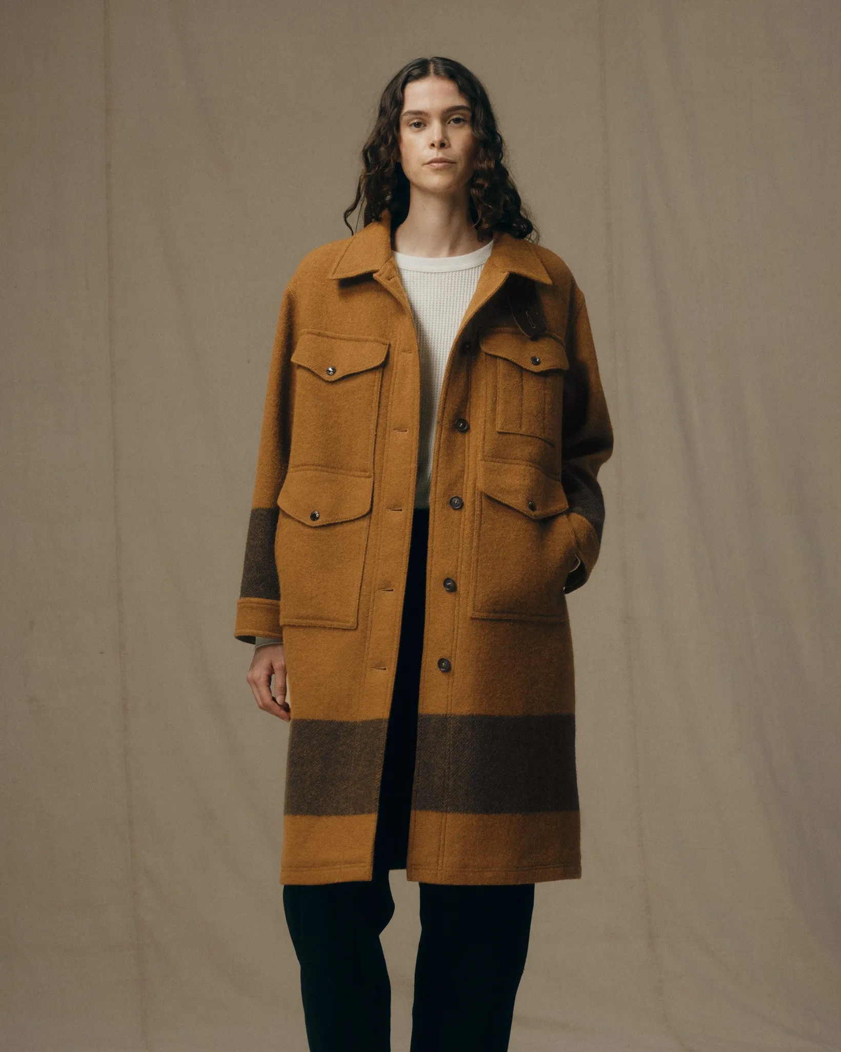 Women's Wool Long Cruiser Coat - Whiskey / Black Stripe sold by Filson