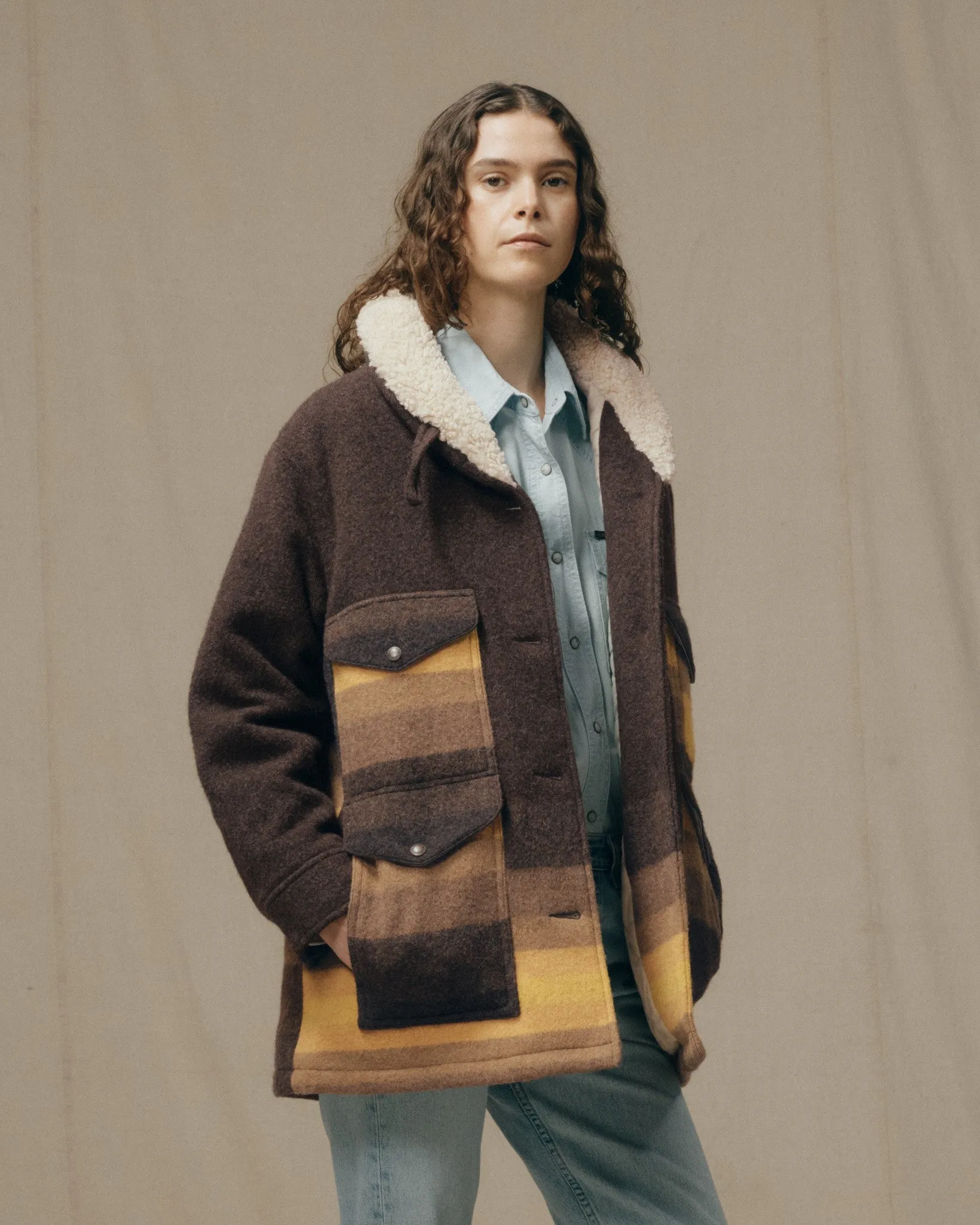 Women's Kodiak Shawl Collar Coat - Brown / Yellow Stripe sold by Filson