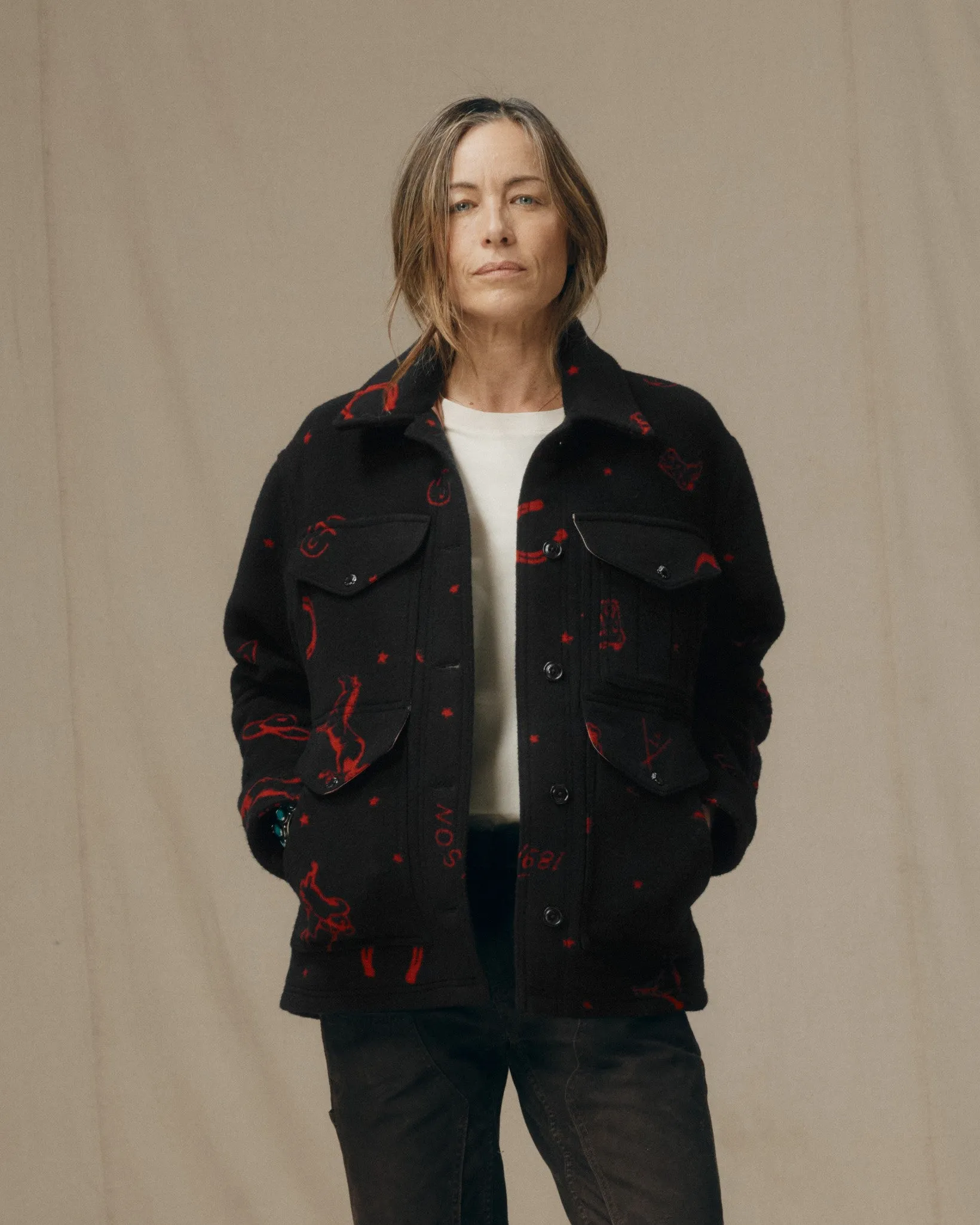 Women's Jacquard Wool Cruiser Jacket - Black / Red Western sold by Filson