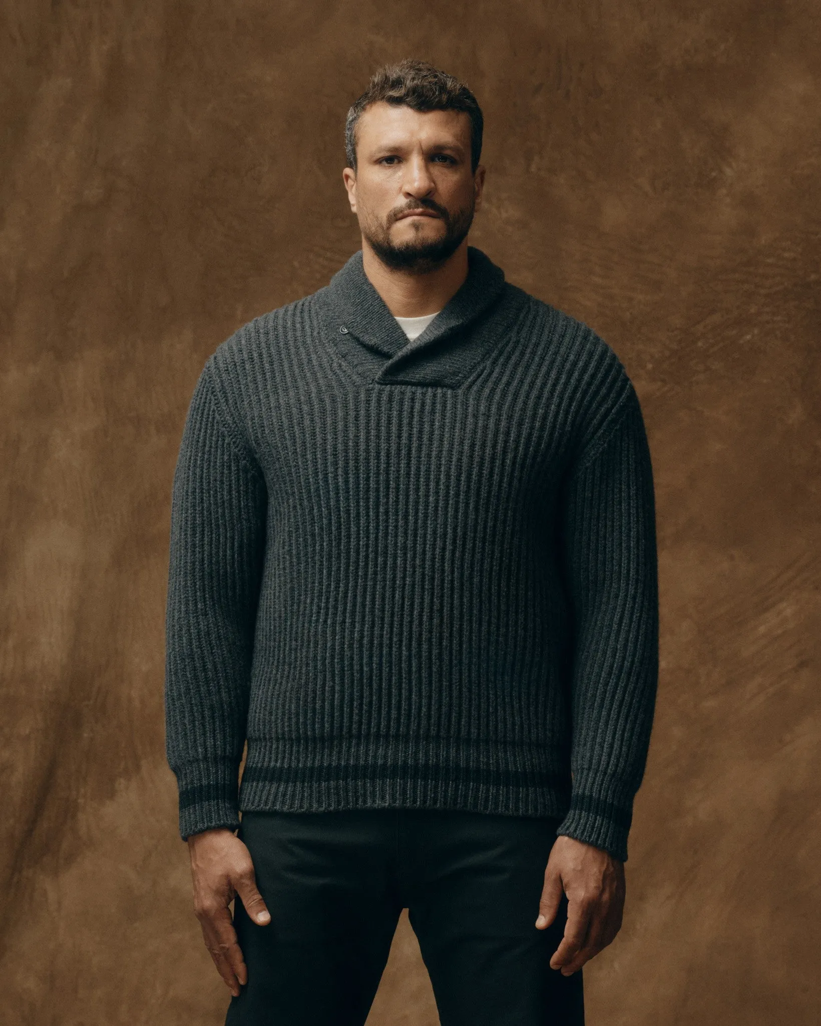 Bristol Shawl Neck Sweater - Gray Heather / Dark Charcoal Stripe sold by Filson